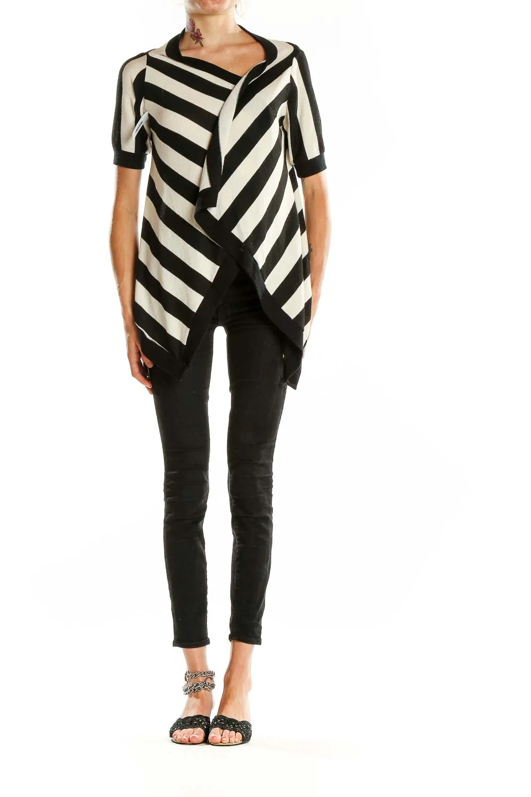 Black and White Striped Asymmetrical Knit Top