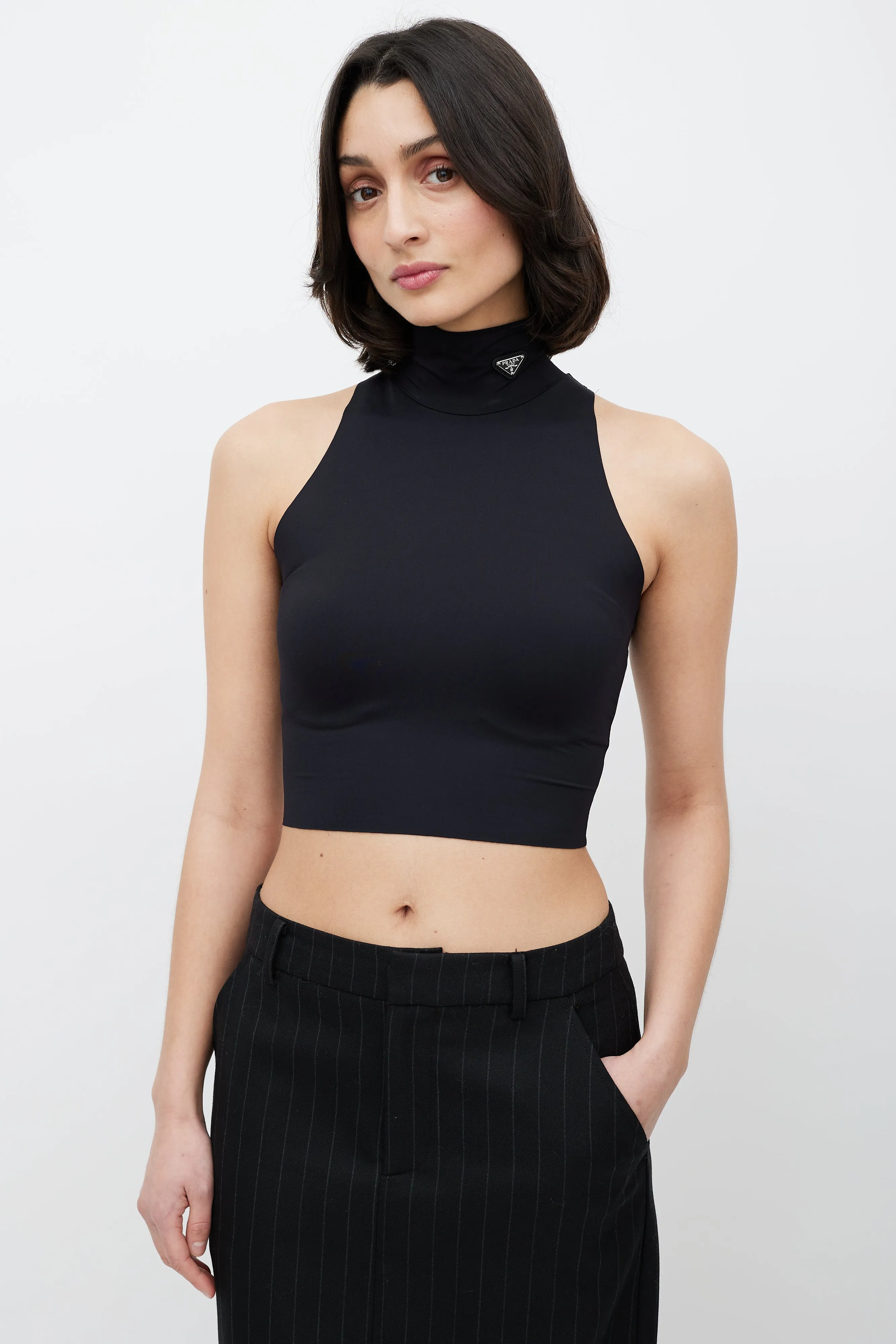 Black Cropped Turtleneck Logo Top