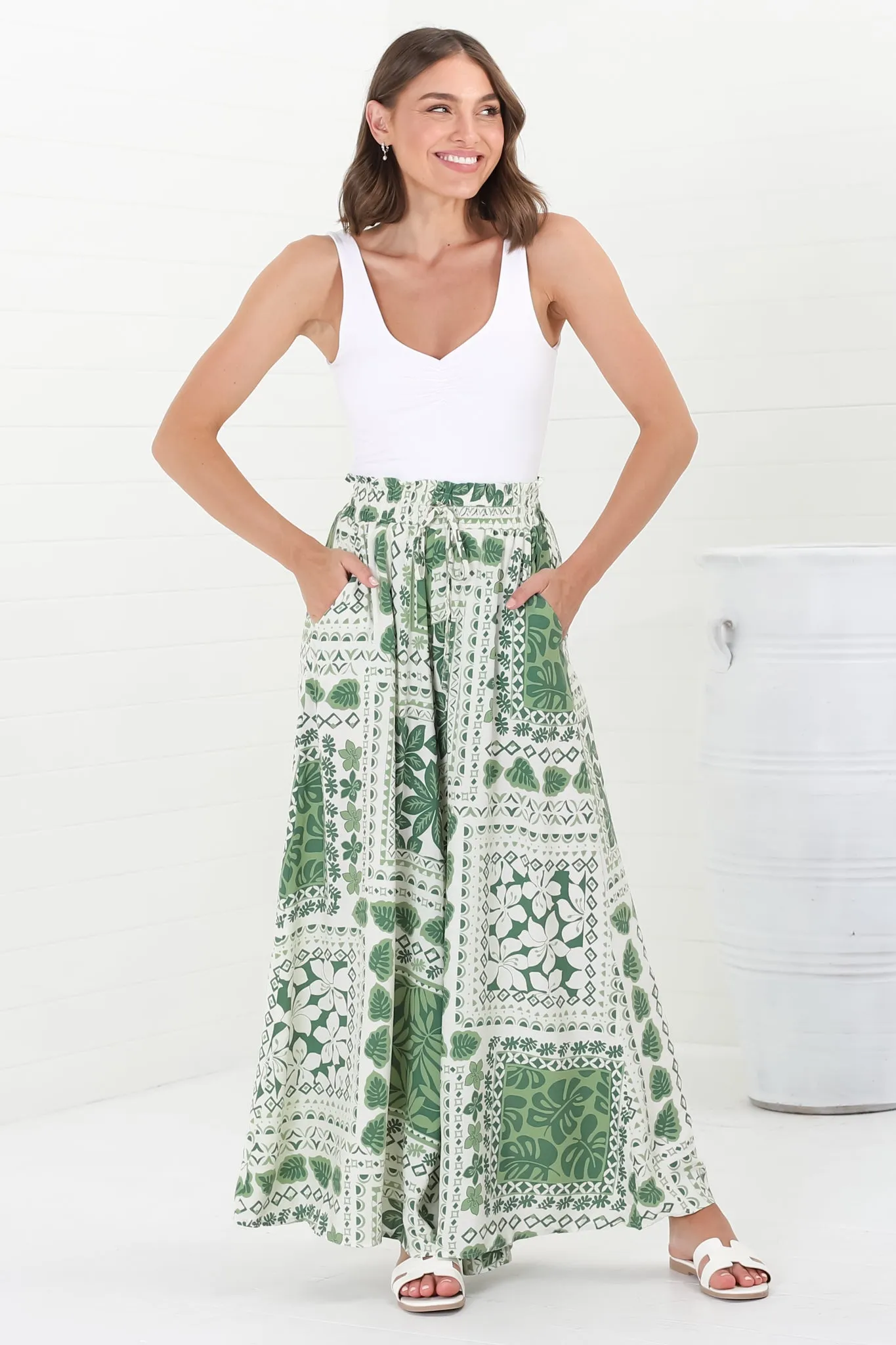 Charli Pants - Paper Bag High Waisted Wide Leg Pants in Halia Print Green