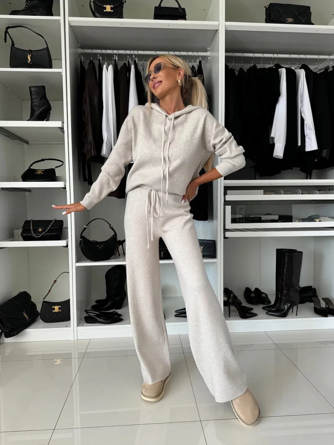 Cila Hooded Long Sleeved Sweatshirt Wide Leg Pants Set