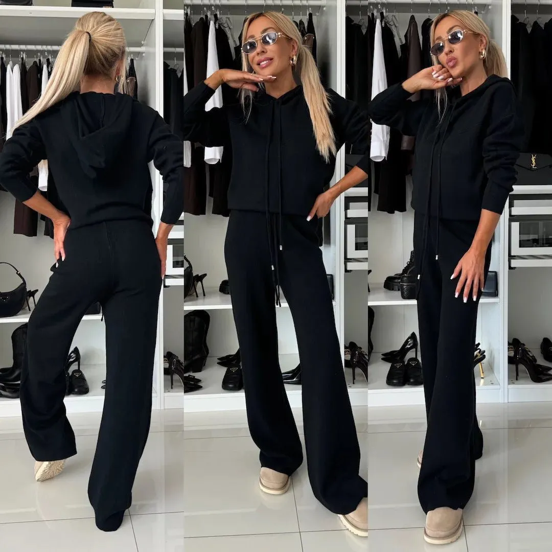 Cila Hooded Long Sleeved Sweatshirt Wide Leg Pants Set