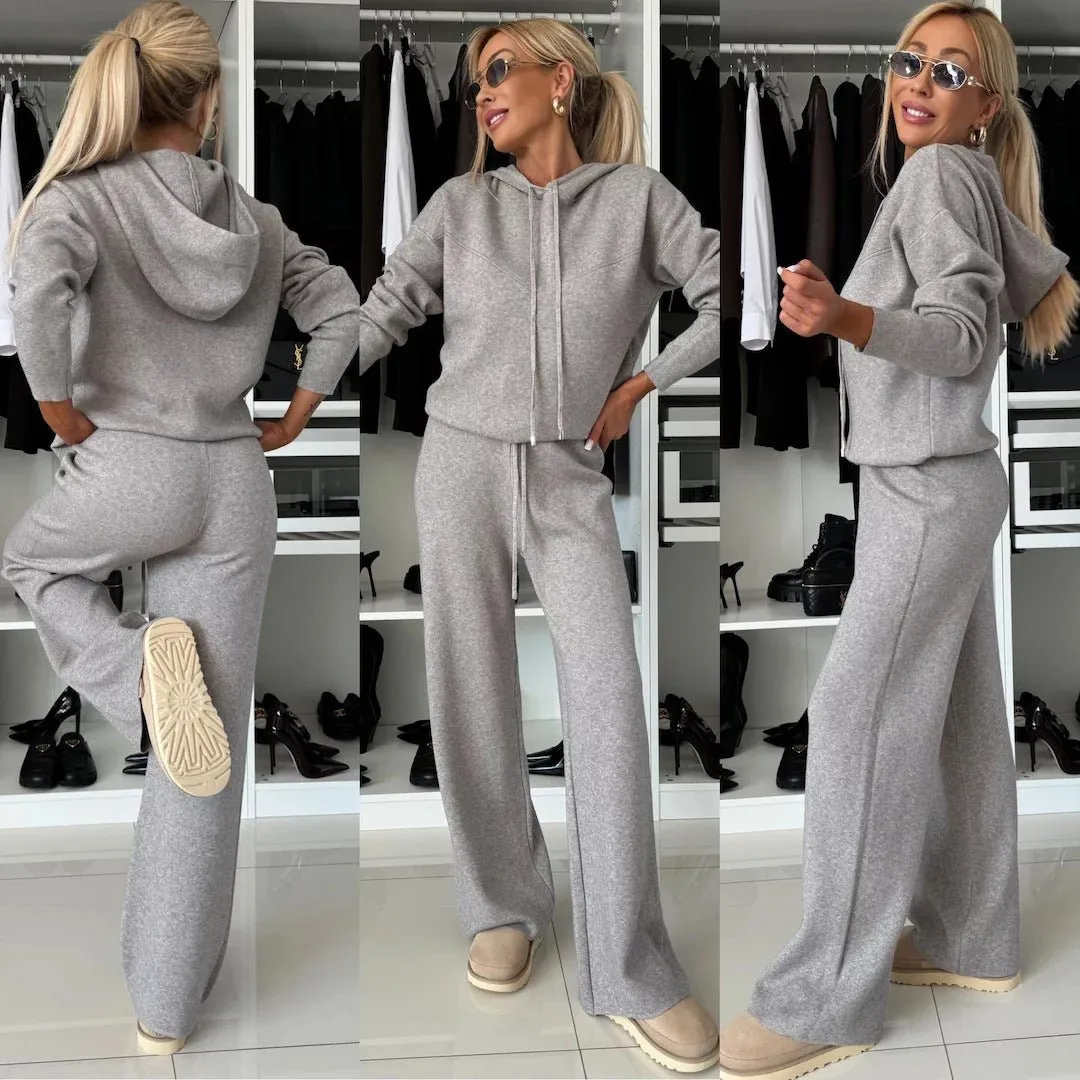 Cila Hooded Long Sleeved Sweatshirt Wide Leg Pants Set