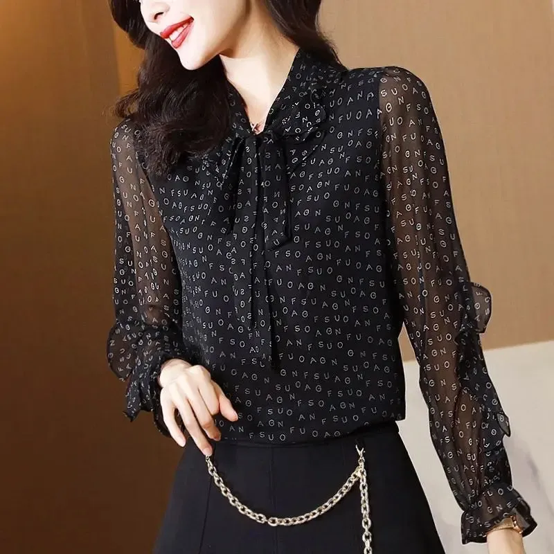 Hnzxzm Elegant Women Black Chiffon Shirt Office Lady Bow Gauze Vintage Blouses Women's Spring Long Sleeve Print Fashion Pullovers