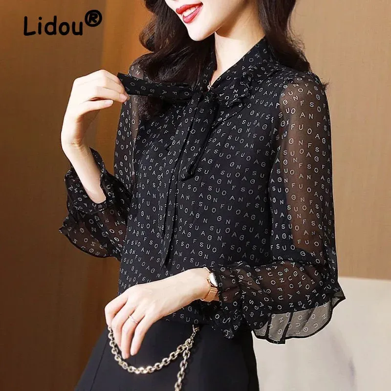 Hnzxzm Elegant Women Black Chiffon Shirt Office Lady Bow Gauze Vintage Blouses Women's Spring Long Sleeve Print Fashion Pullovers