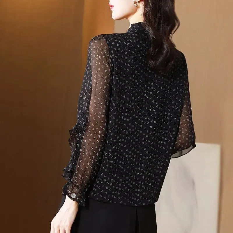 Hnzxzm Elegant Women Black Chiffon Shirt Office Lady Bow Gauze Vintage Blouses Women's Spring Long Sleeve Print Fashion Pullovers