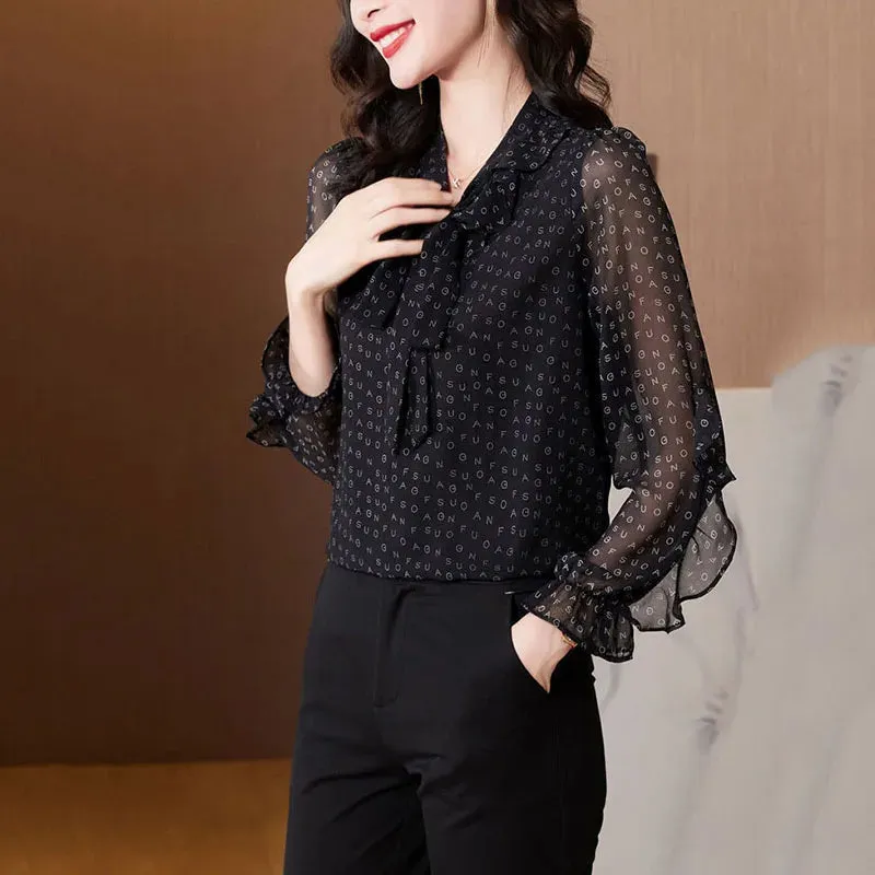 Hnzxzm Elegant Women Black Chiffon Shirt Office Lady Bow Gauze Vintage Blouses Women's Spring Long Sleeve Print Fashion Pullovers
