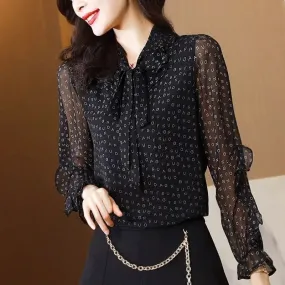 Hnzxzm Elegant Women Black Chiffon Shirt Office Lady Bow Gauze Vintage Blouses Women's Spring Long Sleeve Print Fashion Pullovers