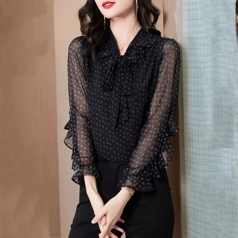 Hnzxzm Elegant Women Black Chiffon Shirt Office Lady Bow Gauze Vintage Blouses Women's Spring Long Sleeve Print Fashion Pullovers