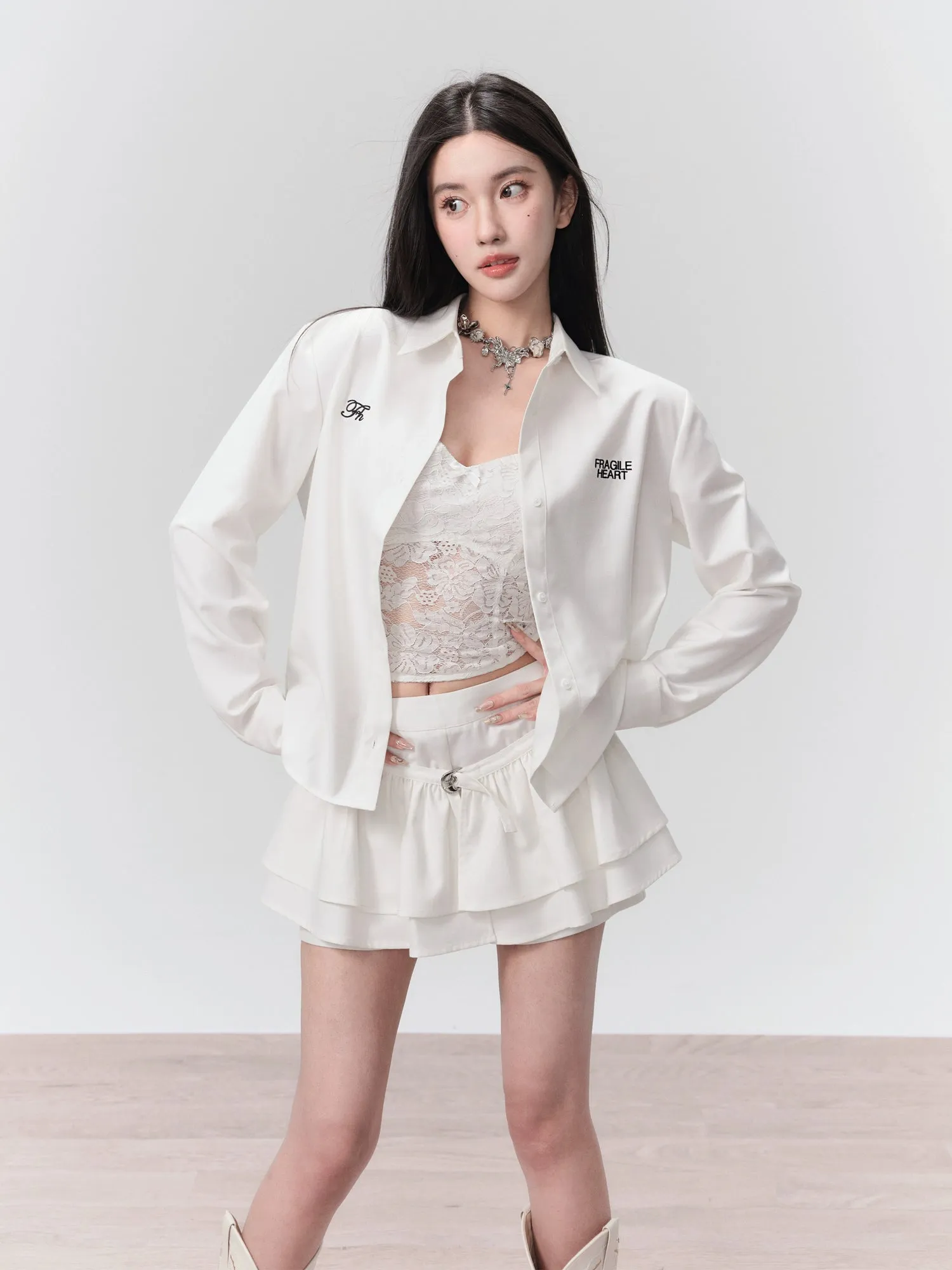 Hollow Lace Camisole＆ Embroidered Shirt & Layered Frill Culottes