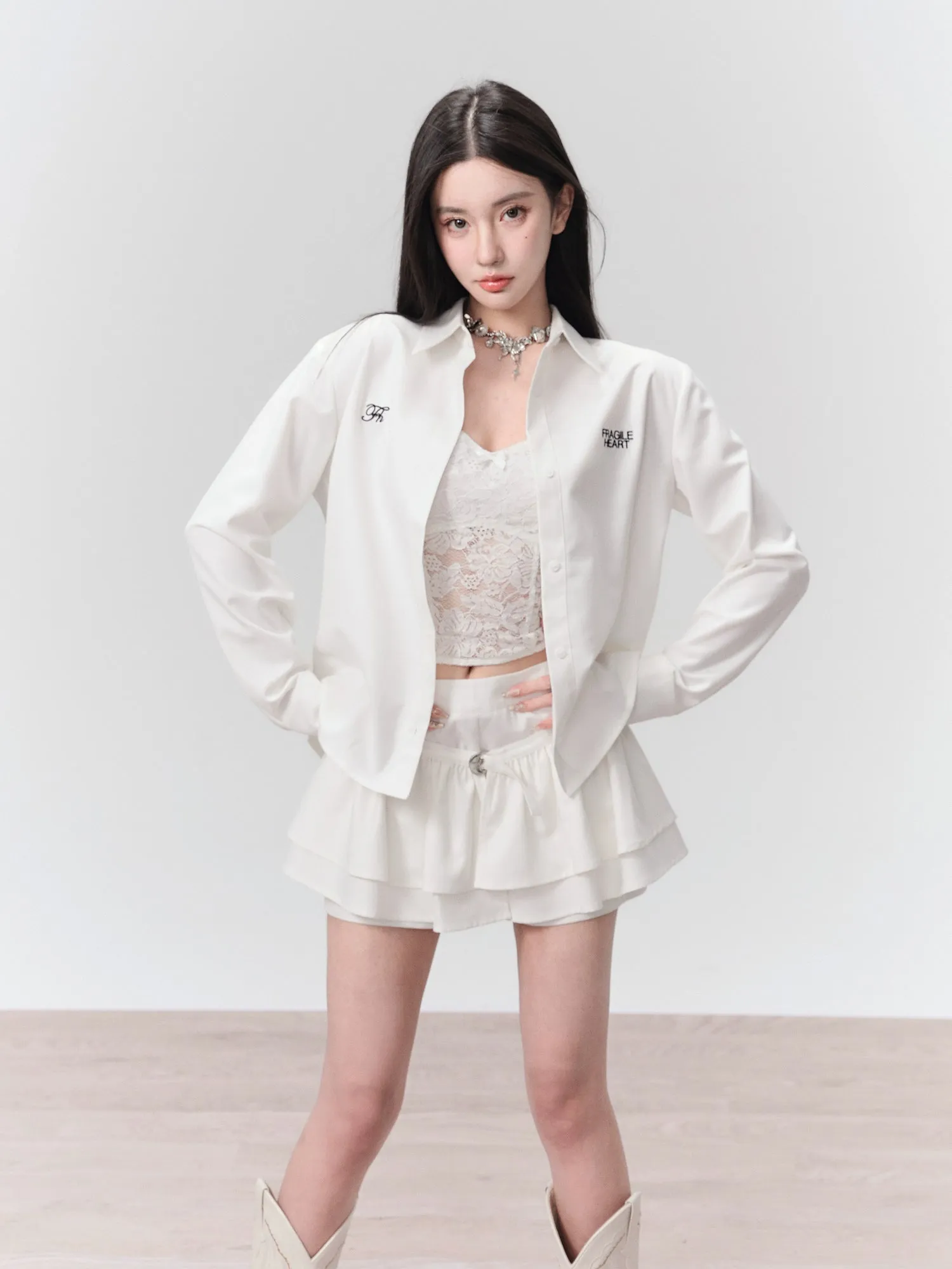Hollow Lace Camisole＆ Embroidered Shirt & Layered Frill Culottes