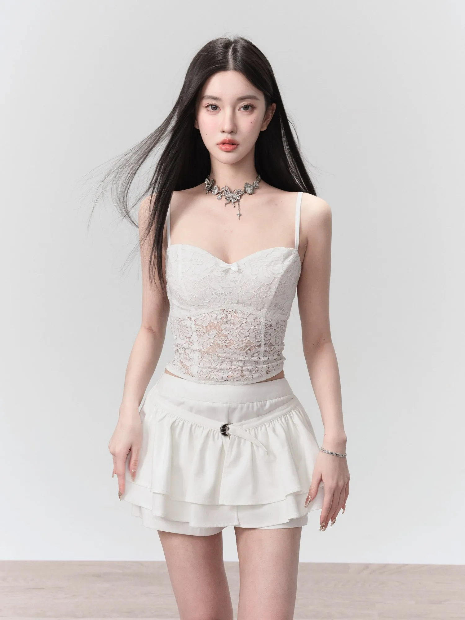 Hollow Lace Camisole＆ Embroidered Shirt & Layered Frill Culottes
