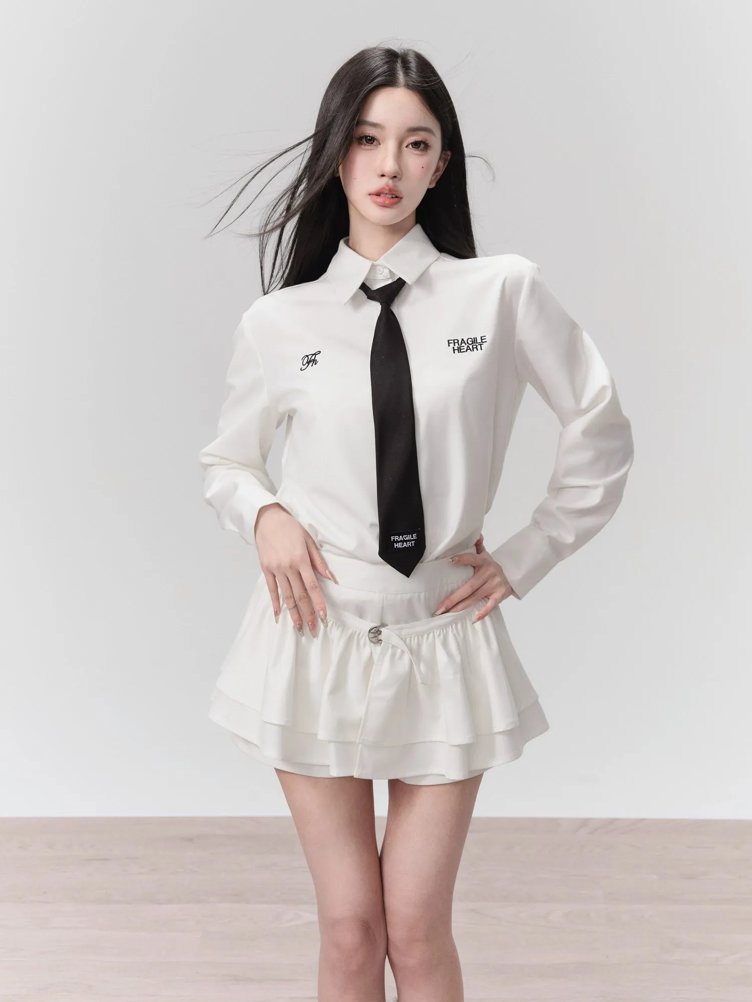 Hollow Lace Camisole＆ Embroidered Shirt & Layered Frill Culottes