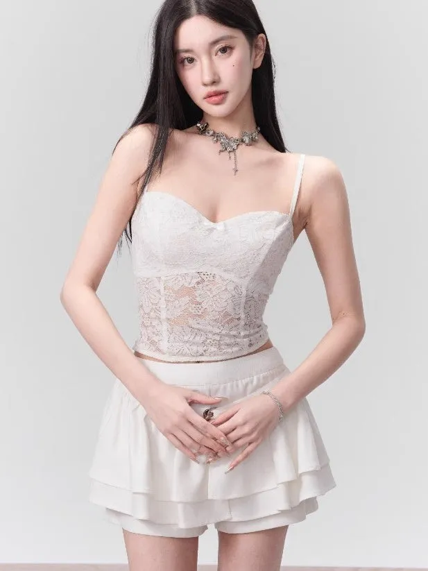 Hollow Lace Camisole＆ Embroidered Shirt & Layered Frill Culottes