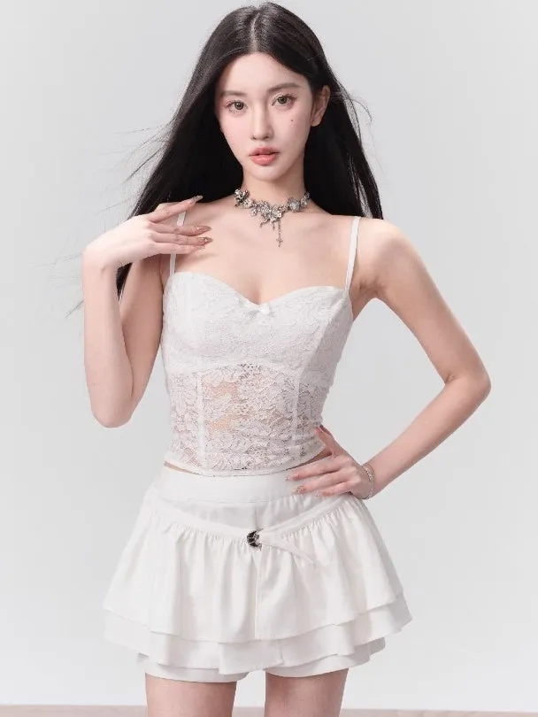 Hollow Lace Camisole＆ Embroidered Shirt & Layered Frill Culottes