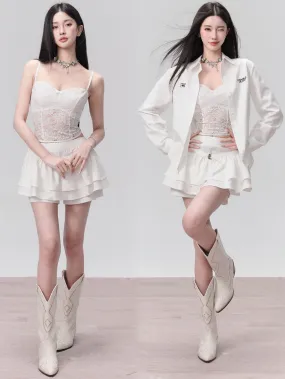 Hollow Lace Camisole＆ Embroidered Shirt & Layered Frill Culottes
