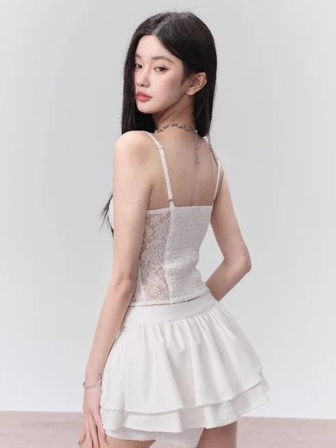 Hollow Lace Camisole＆ Embroidered Shirt & Layered Frill Culottes
