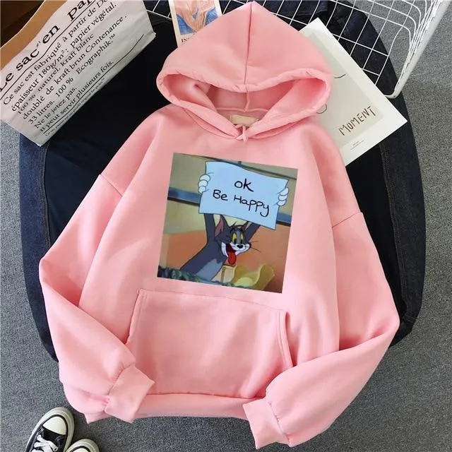 Hoodies for Girls Cat Mouse White&pink Hooded Tops Women's Sweatshirt