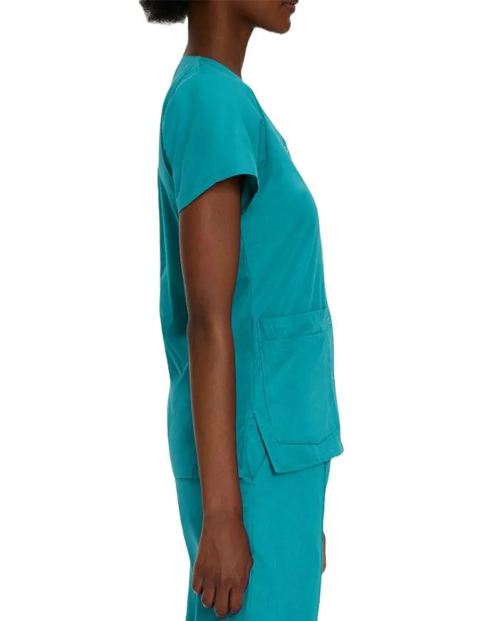 Landau Women's V-Neck Snap Front Solid Nurse Scrub Top