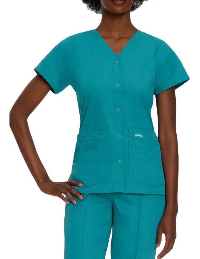 Landau Women's V-Neck Snap Front Solid Nurse Scrub Top
