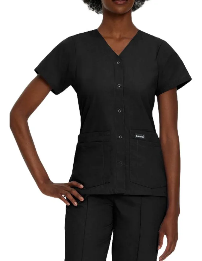 Landau Women's V-Neck Snap Front Solid Nurse Scrub Top