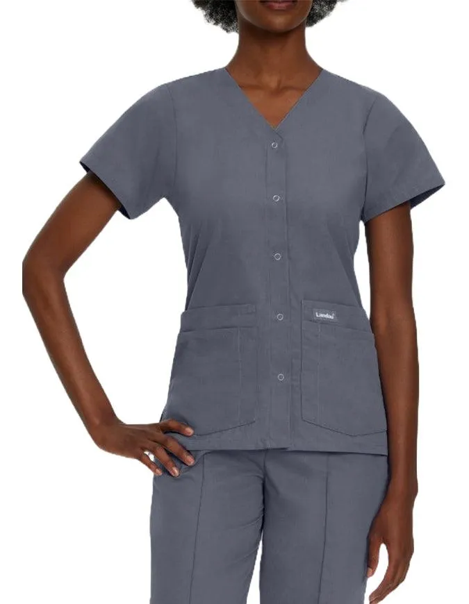 Landau Women's V-Neck Snap Front Solid Nurse Scrub Top
