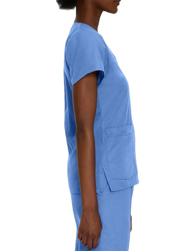 Landau Women's V-Neck Snap Front Solid Nurse Scrub Top
