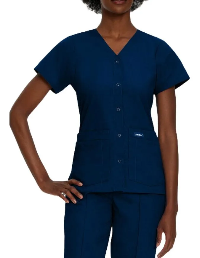 Landau Women's V-Neck Snap Front Solid Nurse Scrub Top