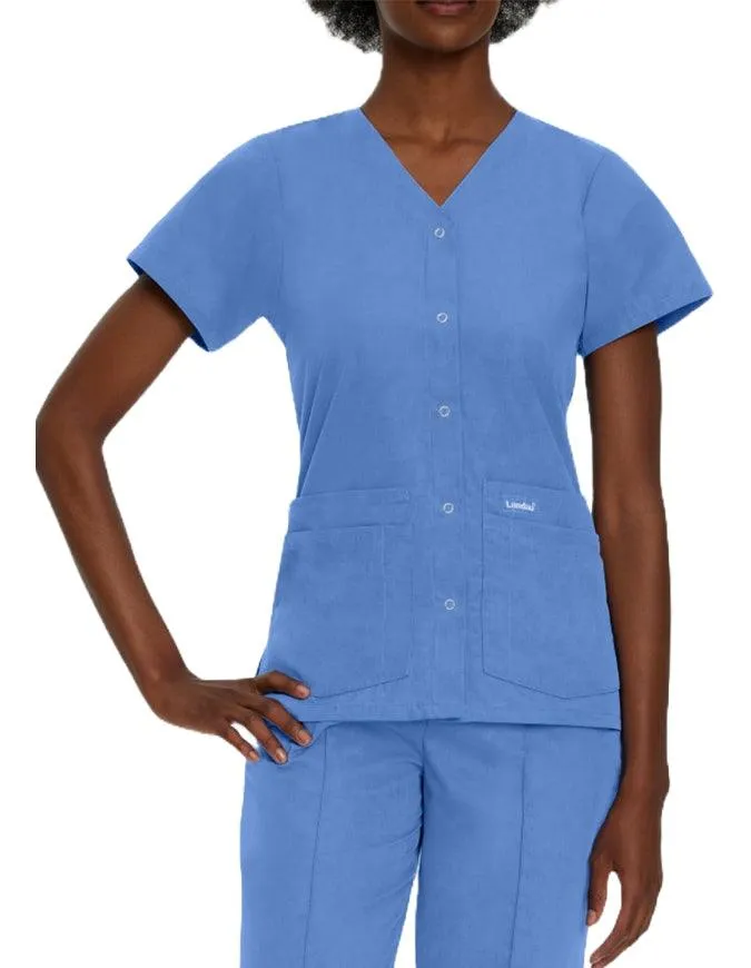 Landau Women's V-Neck Snap Front Solid Nurse Scrub Top