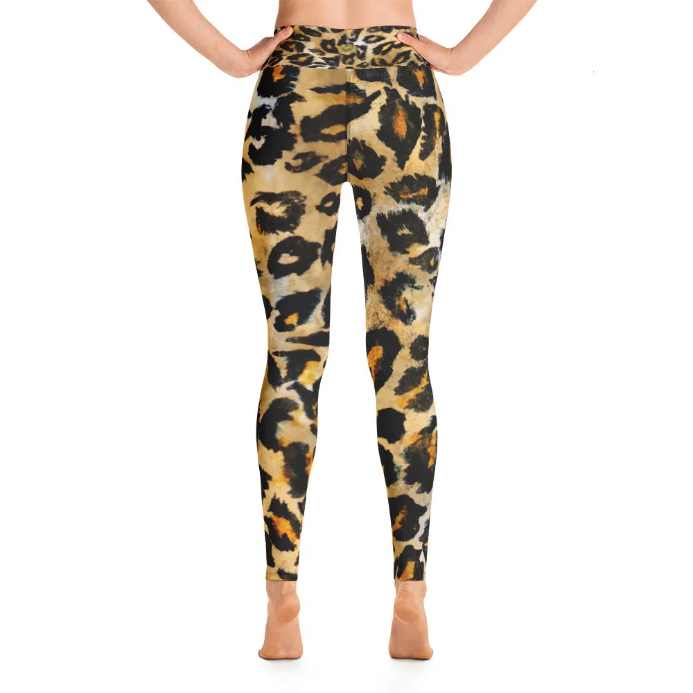 Leopard Print Women's Leggings, Beige Animal Print Sports Long Pants-Made in USA/EU
