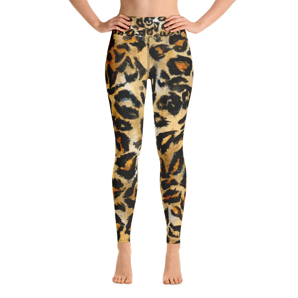 Leopard Print Women's Leggings, Beige Animal Print Sports Long Pants-Made in USA/EU