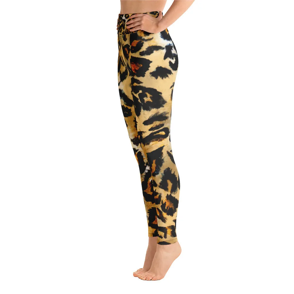 Leopard Print Women's Leggings, Beige Animal Print Sports Long Pants-Made in USA/EU