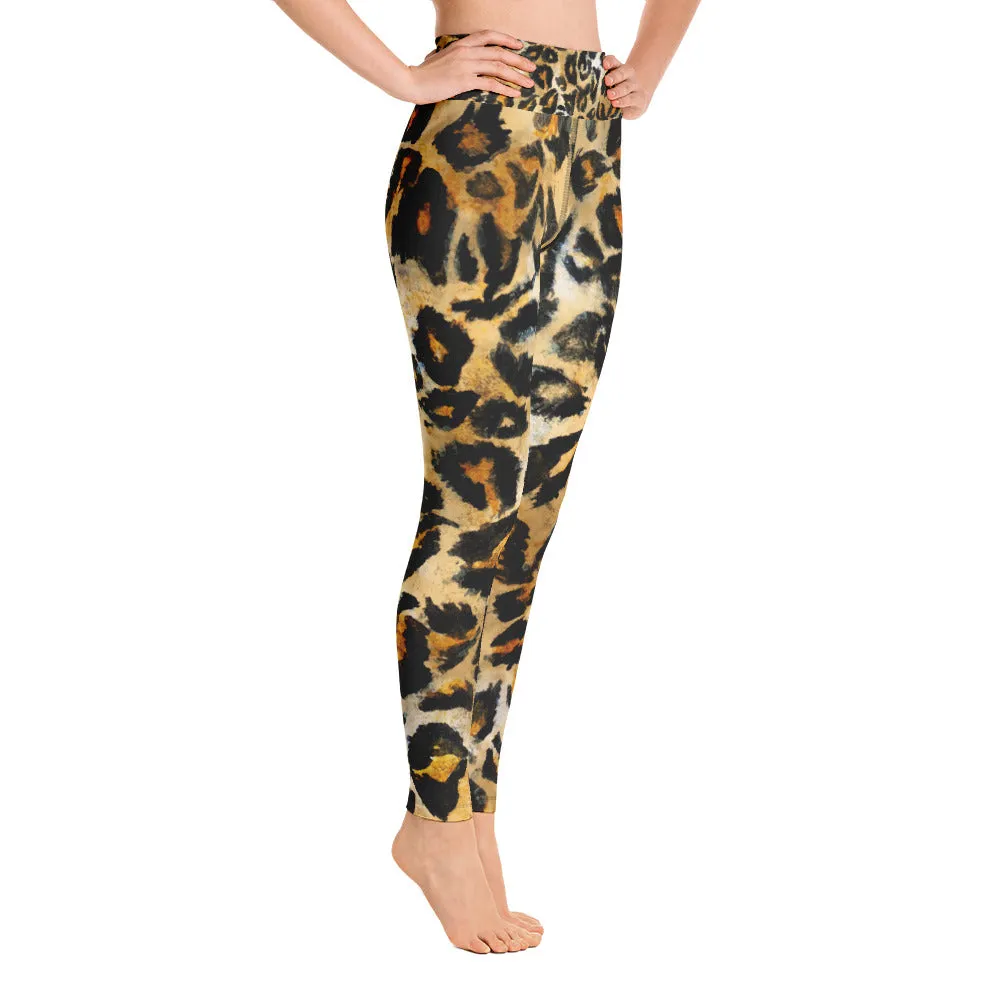 Leopard Print Women's Leggings, Beige Animal Print Sports Long Pants-Made in USA/EU
