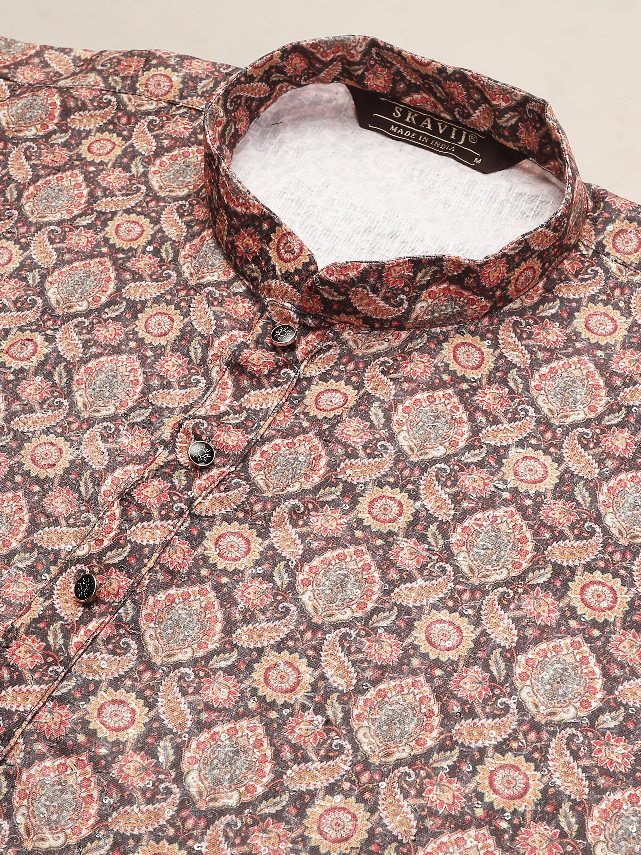 Men’s Ethnic Motifs Sequined Kurta Pajama Paisley Embroidered 2-Piece Set