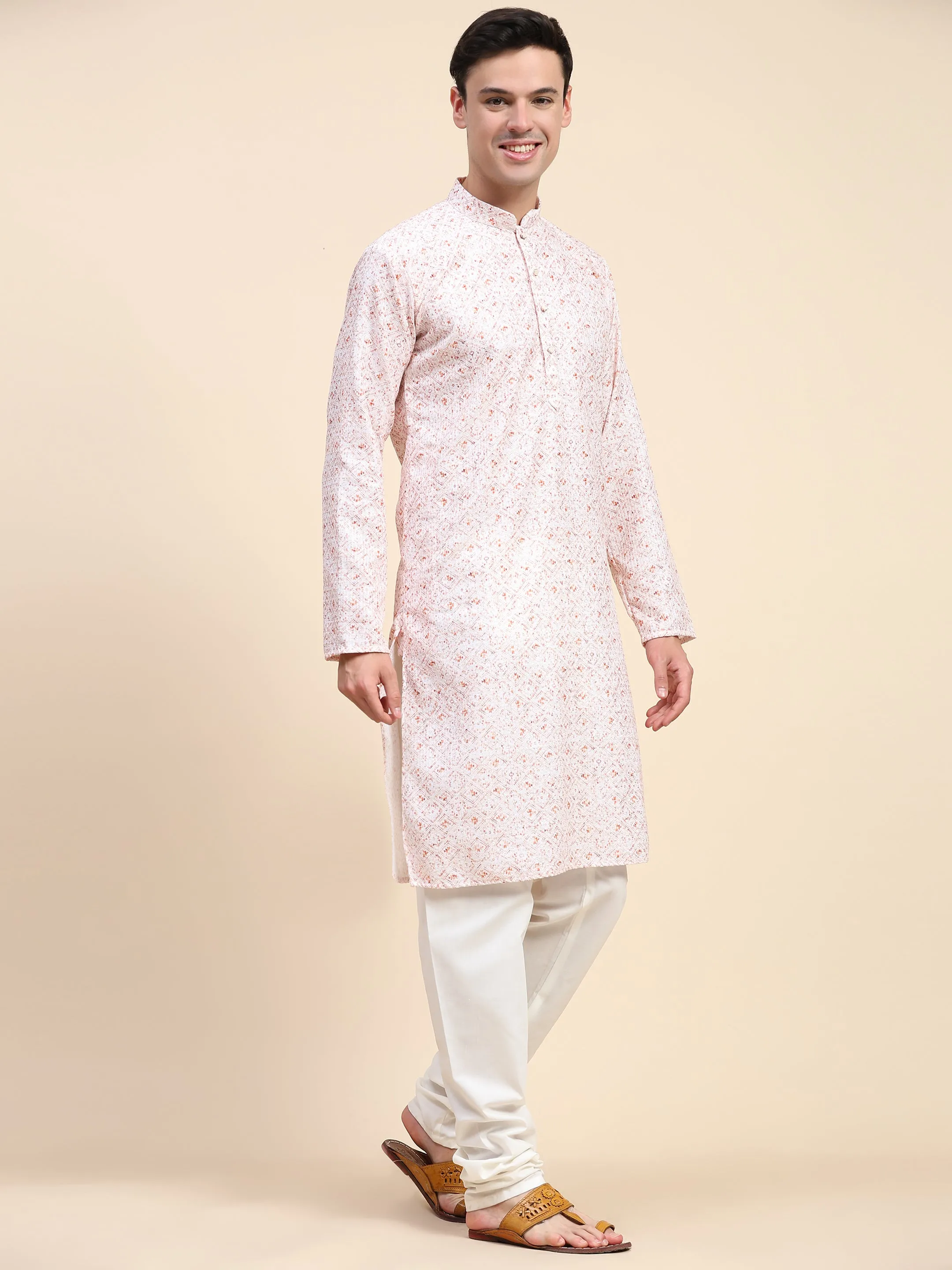 Men’s Floral Embroidered Sequined Kurta Pajama Ethnic Motifs 2-Piece Set