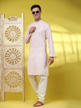 Men’s Floral Embroidered Sequined Kurta Pajama Ethnic Motifs 2-Piece Set
