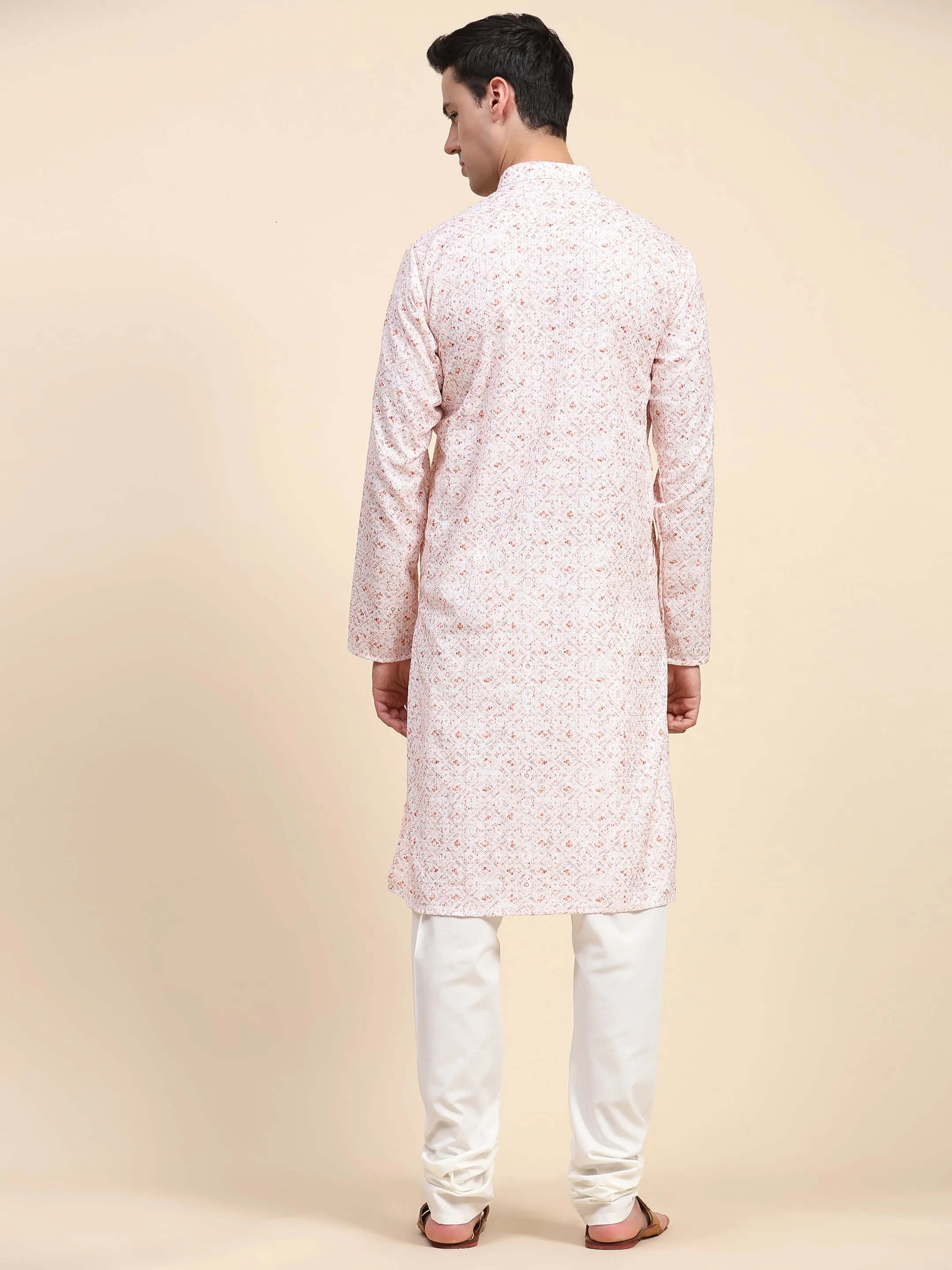 Men’s Floral Embroidered Sequined Kurta Pajama Ethnic Motifs 2-Piece Set