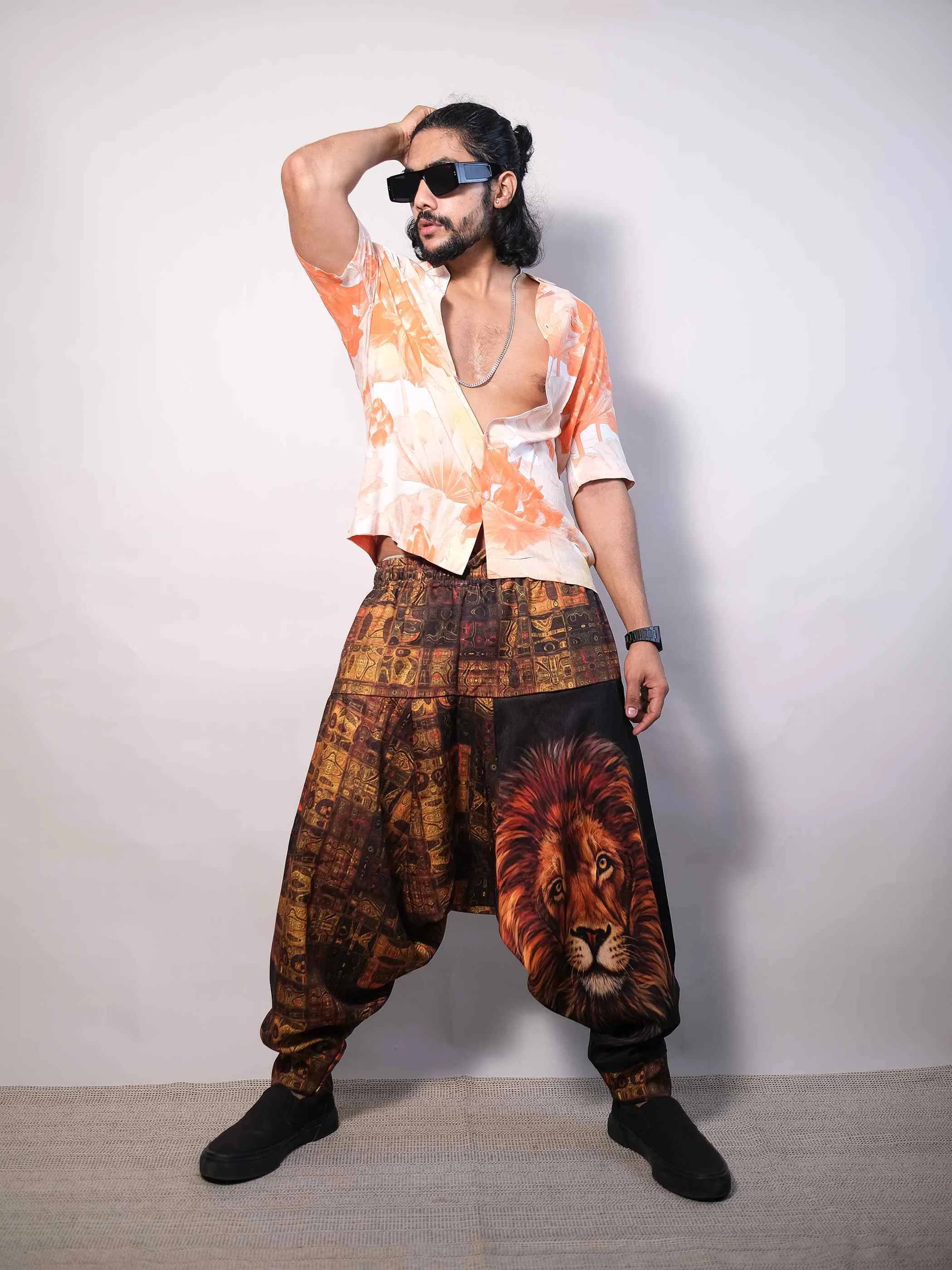 Men's Lion Print Balloon Aladdin Hippy Harem Pants For Travel Dance Yoga