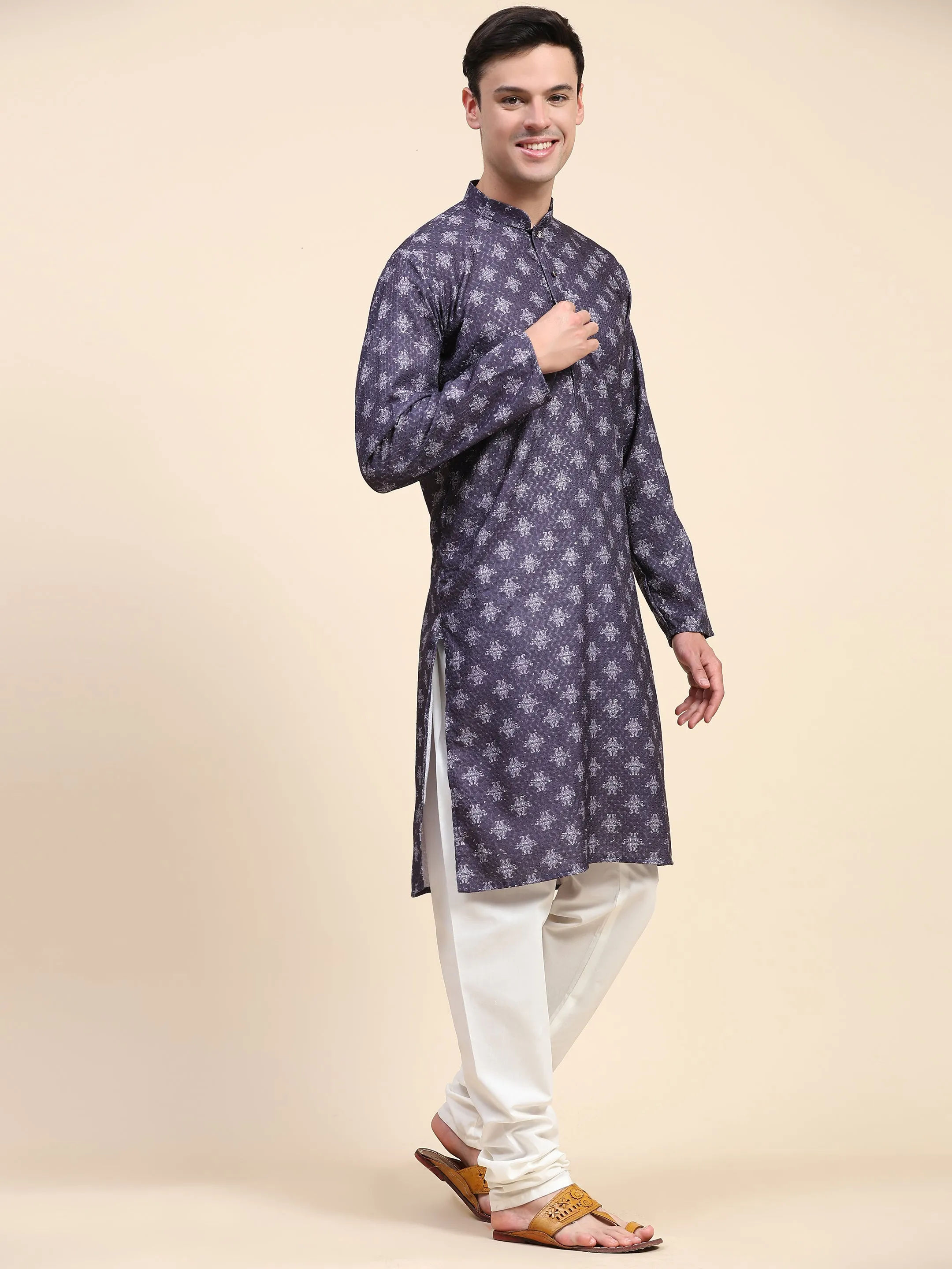 Men’s Sequined Embroidered Kurta Pajama Ethnic Motifs 2-Piece Set