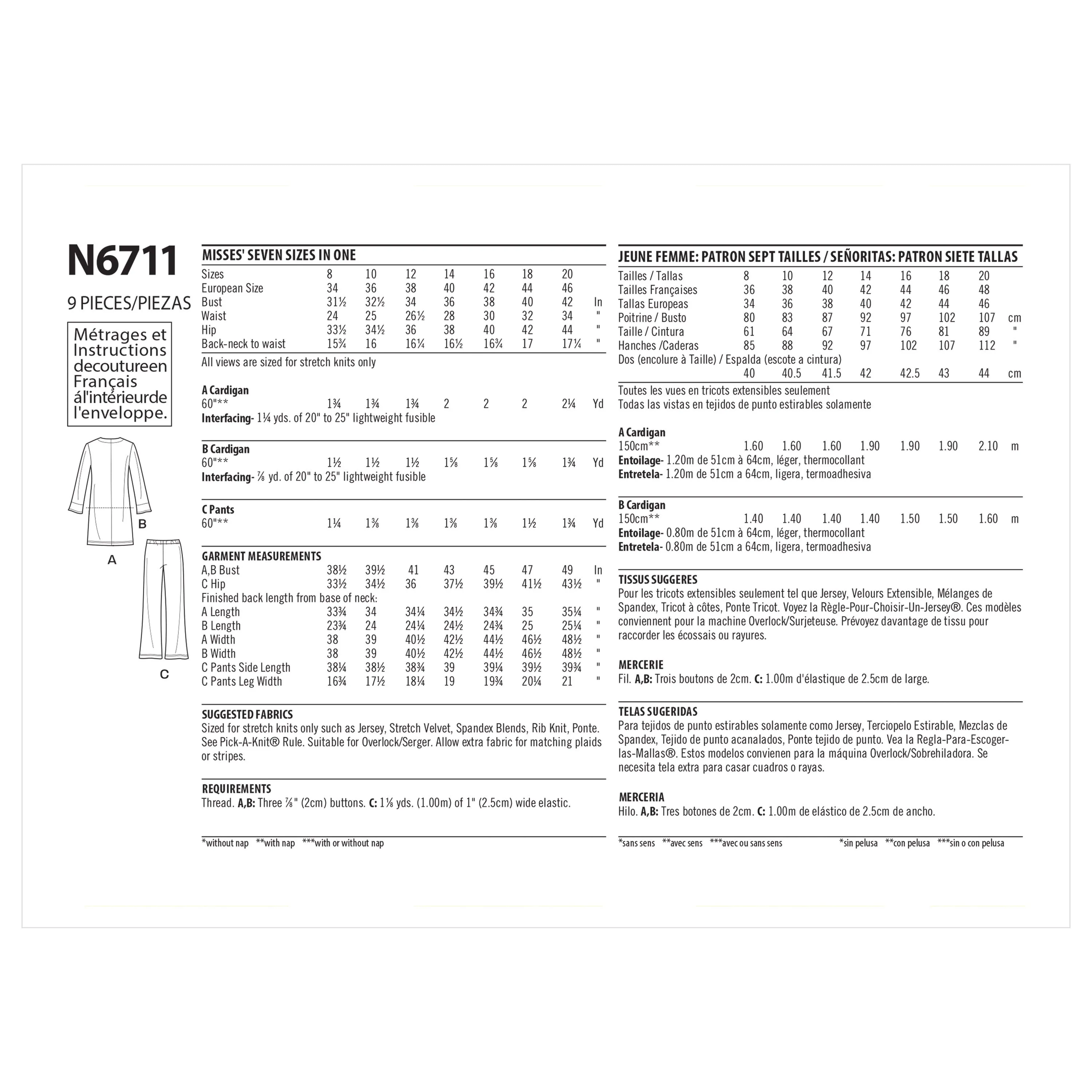 New Look Sewing Pattern N6711 - Misses' Cardigans and Pants