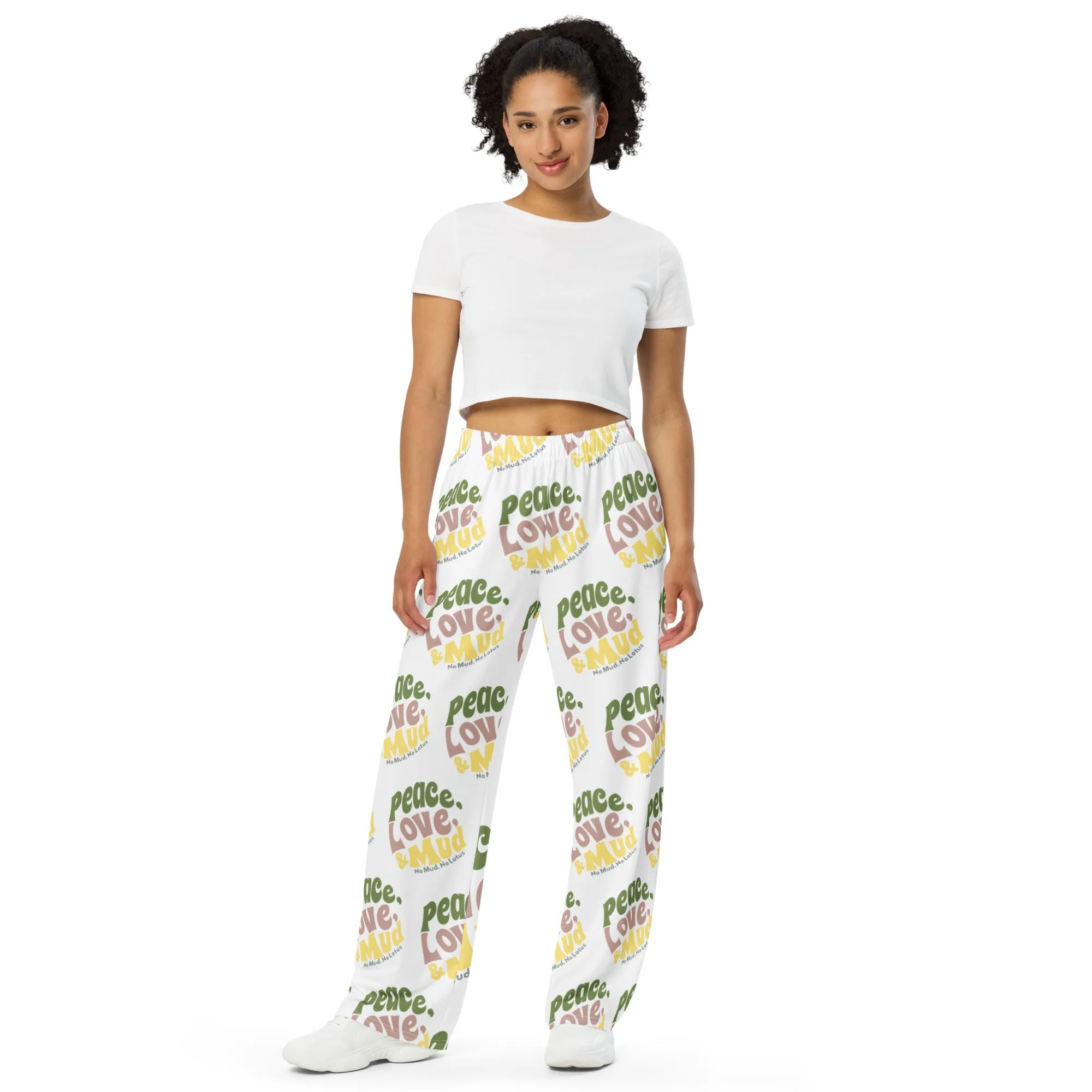Peace Love & Mud Yoga Pants "No Mud No Lotus" All-over print unisex wide-leg pants