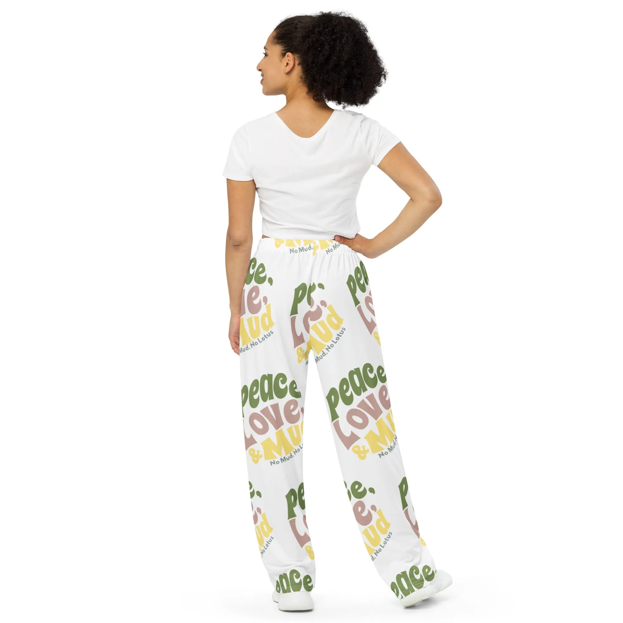 Peace Love & Mud Yoga Pants "No Mud No Lotus" All-over print unisex wide-leg pants