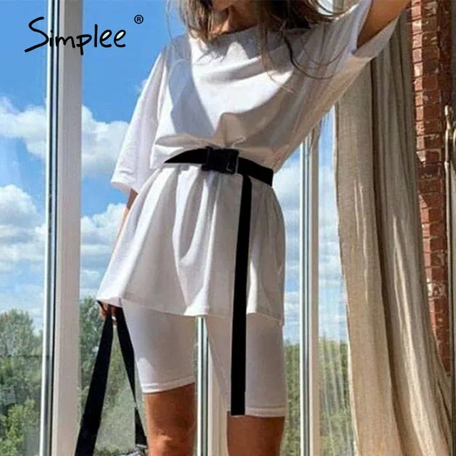 Simplee Casual solid outfits women's two piece suit with belt Home loose sports tracksuits fashion bicycle suit summer hot 2020