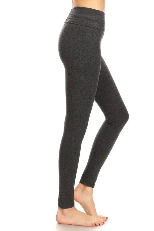 T-PARTY BASIC FOLDOVER LONG SOLID LEGGINGS - BLACK