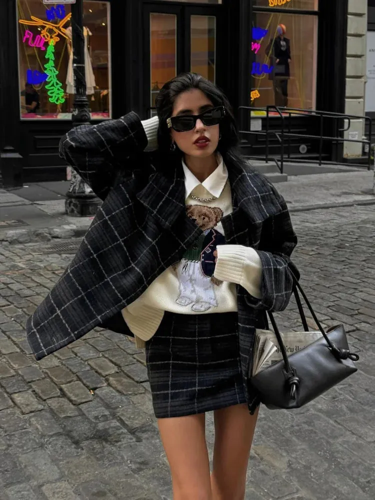 TAVIMART  -  chic Plaid Lapel Women's Suit Jackets Casual Long Sleeved Pocket Single Breasted Coats Autumn Loose Office Commut Lady Outerwear