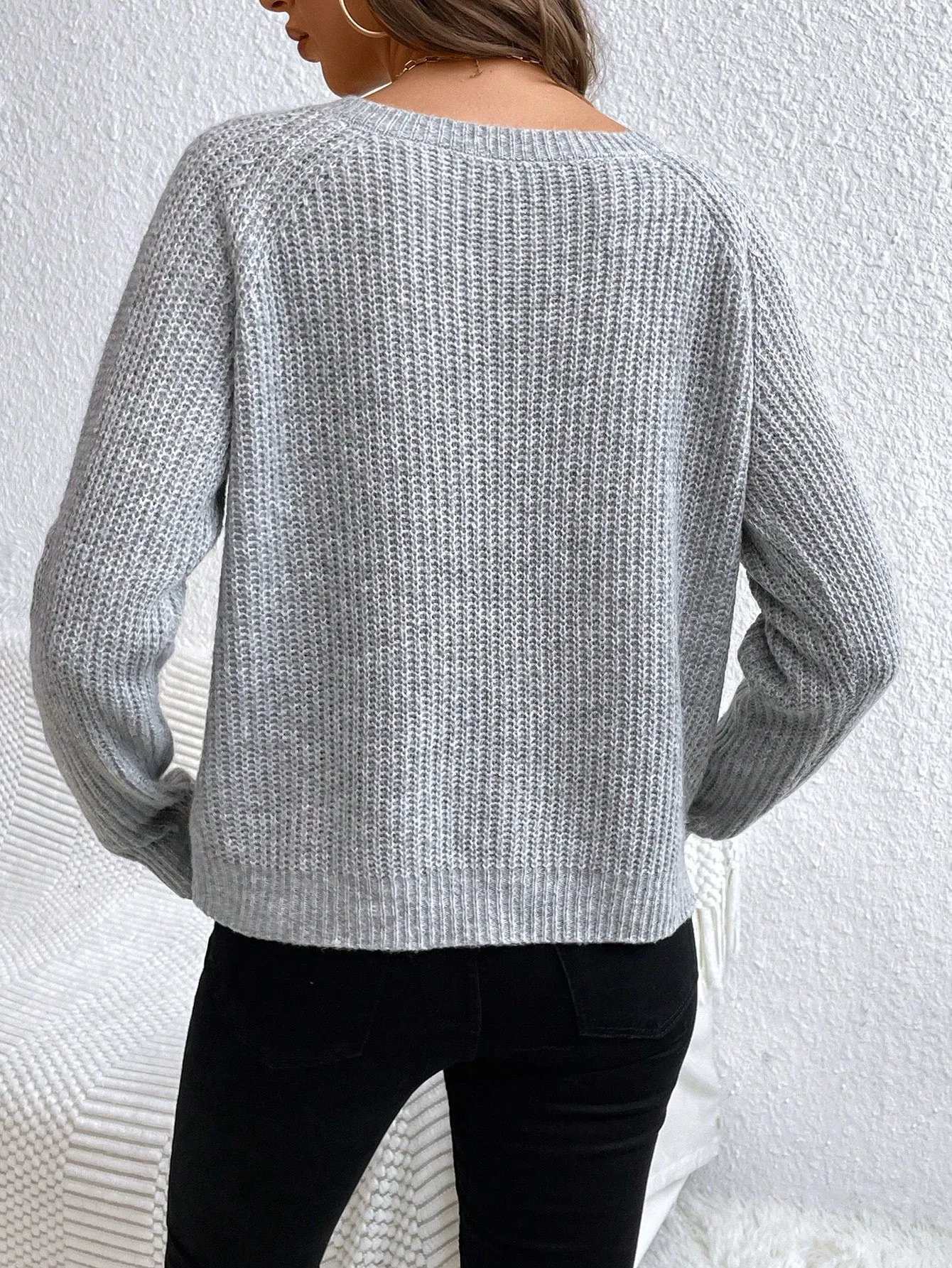 V-Neck Drop Shoulder Raglan Sleeve Sweater Pullover For Women