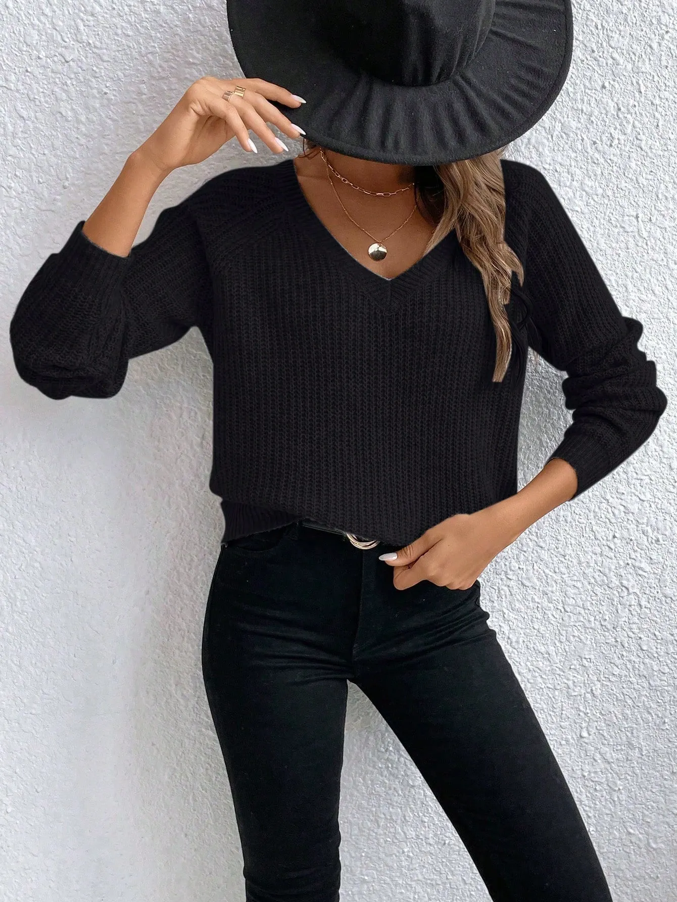 V-Neck Drop Shoulder Raglan Sleeve Sweater Pullover For Women