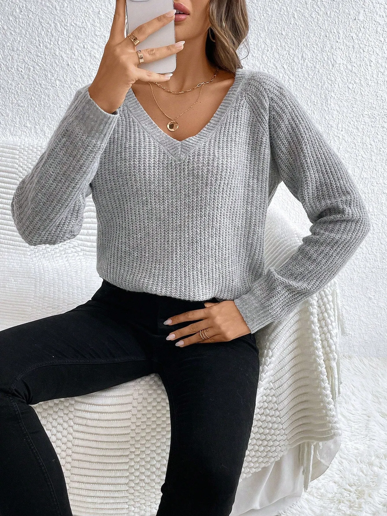 V-Neck Drop Shoulder Raglan Sleeve Sweater Pullover For Women