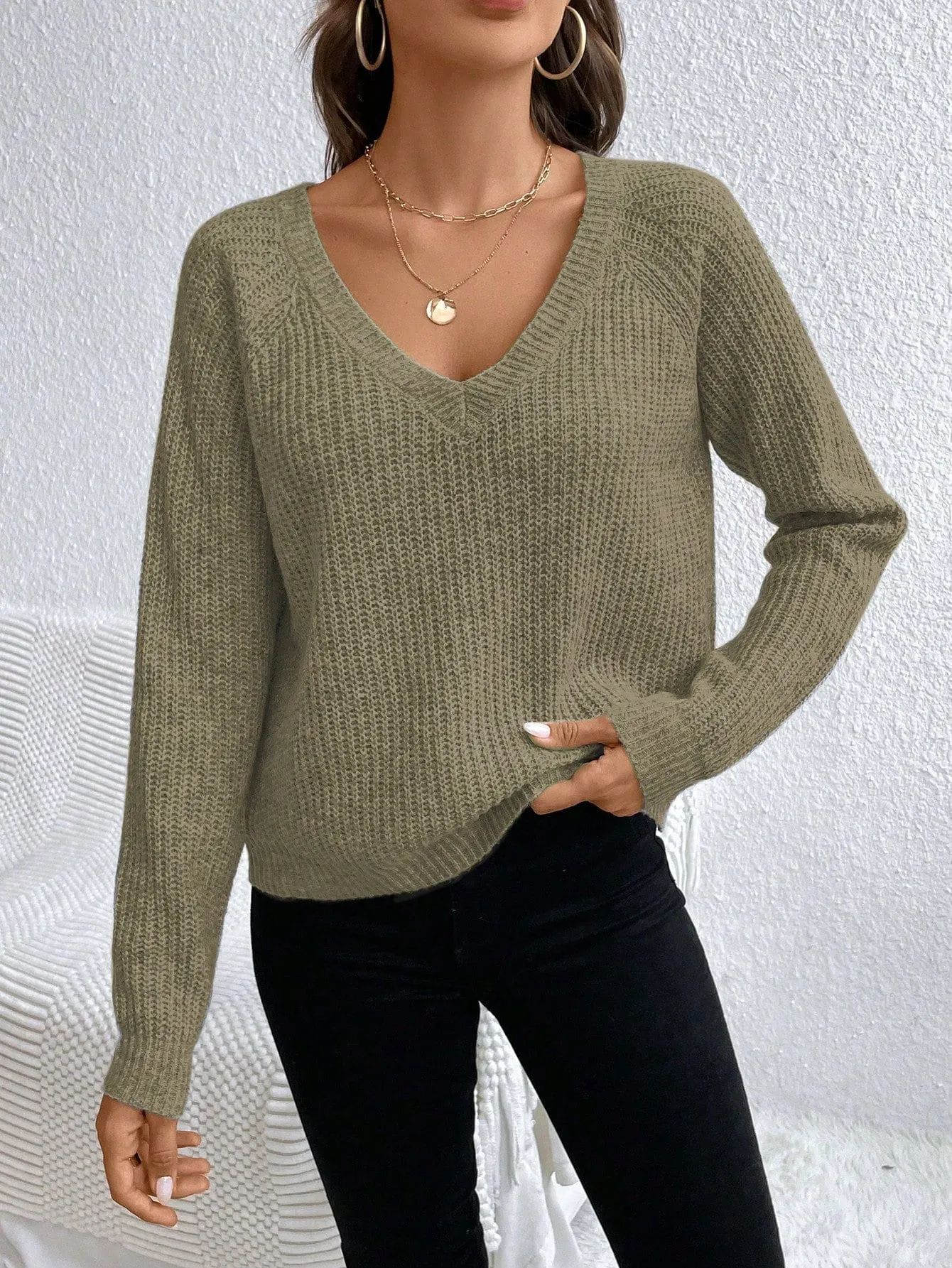 V-Neck Drop Shoulder Raglan Sleeve Sweater Pullover For Women