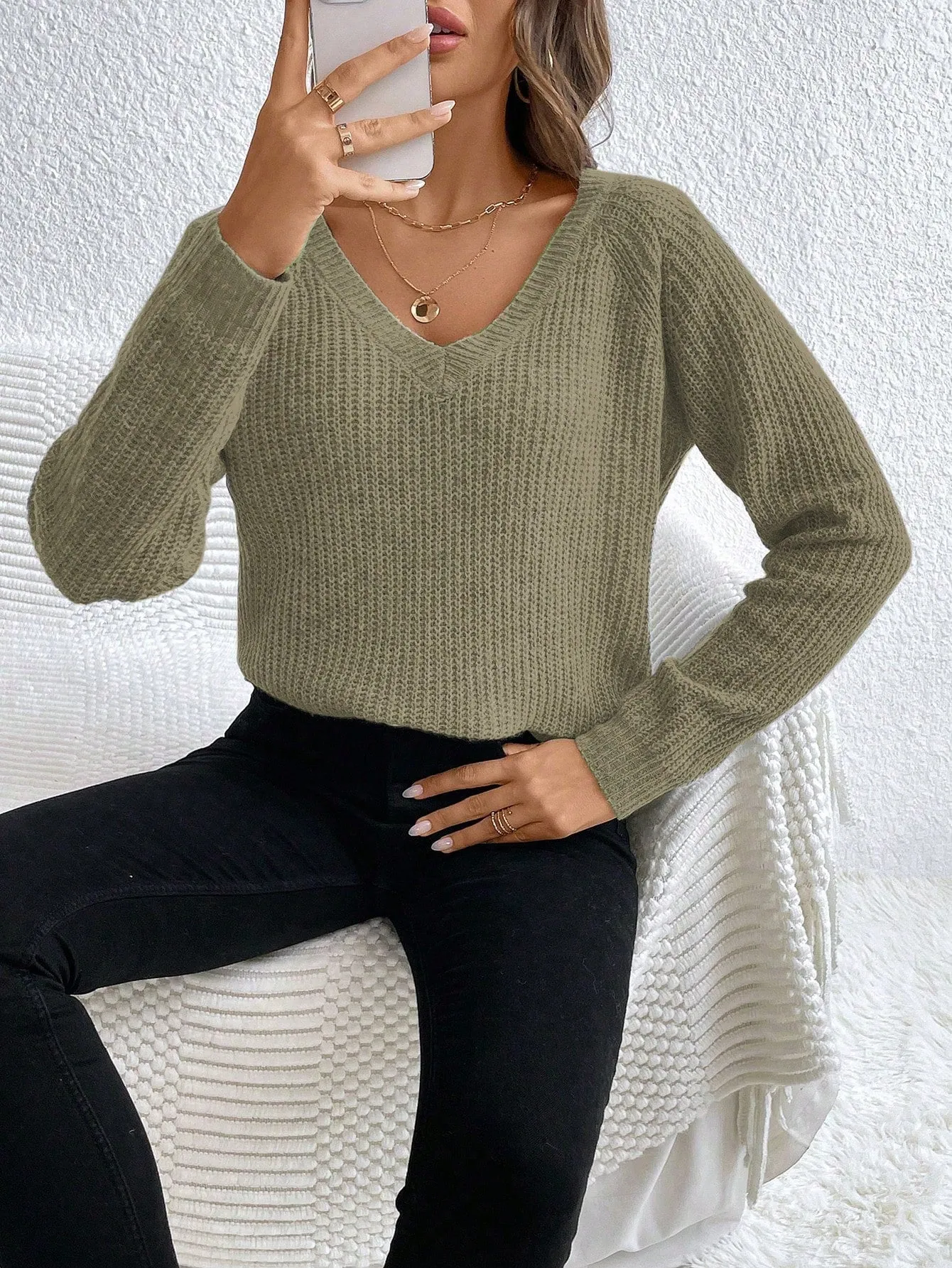 V-Neck Drop Shoulder Raglan Sleeve Sweater Pullover For Women