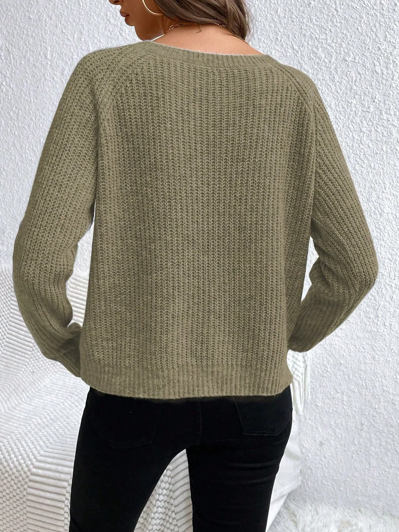 V-Neck Drop Shoulder Raglan Sleeve Sweater Pullover For Women